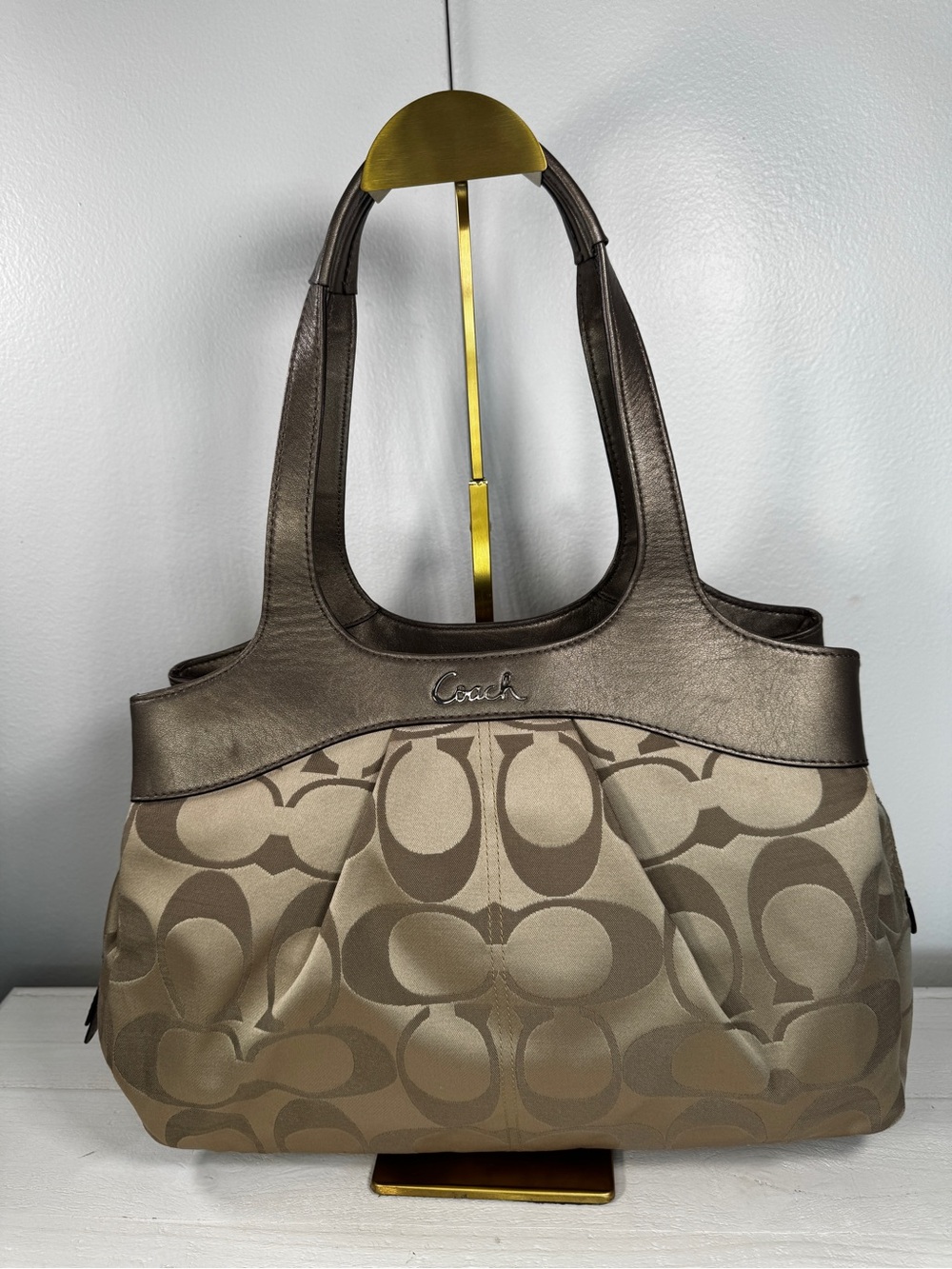 Coach F18828 Signature Satin Pleated Tote Shoulder Bag Pewter Bronze